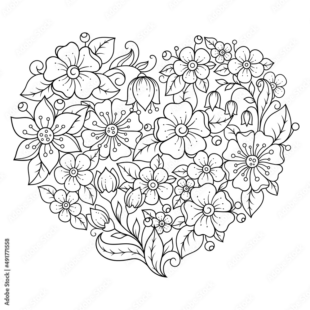 Mehndi flower pattern in form of heart for Henna drawing and tattoo. Decoration in ethnic oriental, Indian style. Valentine's day greetings. Coloring book page.