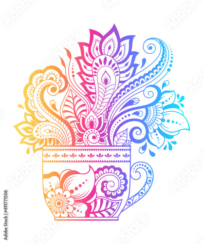 Stylized with henna tattoos decorative pattern in form of cup of coffee for decorating covers for book, notebook, casket and magazine. Rainbow flower in mehndi style in eastern tradition.