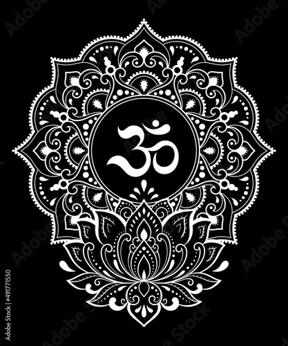 Circular pattern in form of mandala with Lotus flower for Henna, Mehndi, tattoo, decoration. Decorative ornament in oriental style with ancient Hindu mantra OM. Outline doodle vector illustration.