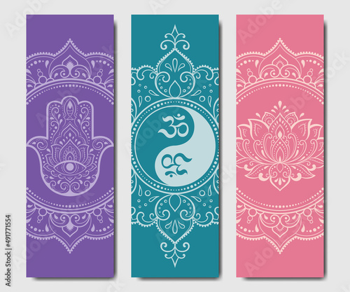 Set of design yoga mats. Lotus floral pattern, OM and Yin-yang in oriental style for decoration sport equipment. Colorful ethnic Indian ornaments for spiritual serenity. Decor of card, poster, print.