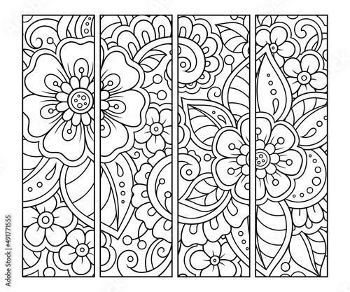 Bookmark for book - coloring. Set of black and white labels with floral doodle patterns, hand draw in mehndi style. Sketch of ornaments for creativity of children and adults with colored pencils.