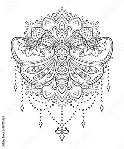 Moth decorated with Indian ethnic floral vintage pattern. Hand drawn decorative insect in doodle style. Stylized mehndi ornament for tattoo, print, design for room, cover, book and coloring page.