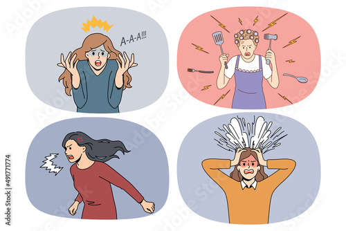 Set of furious women yell and scream in different life situations. Collection of angry mad females shout show emotions. Emotional girl panic. Nervous breakdown. Flat vector illustration. 