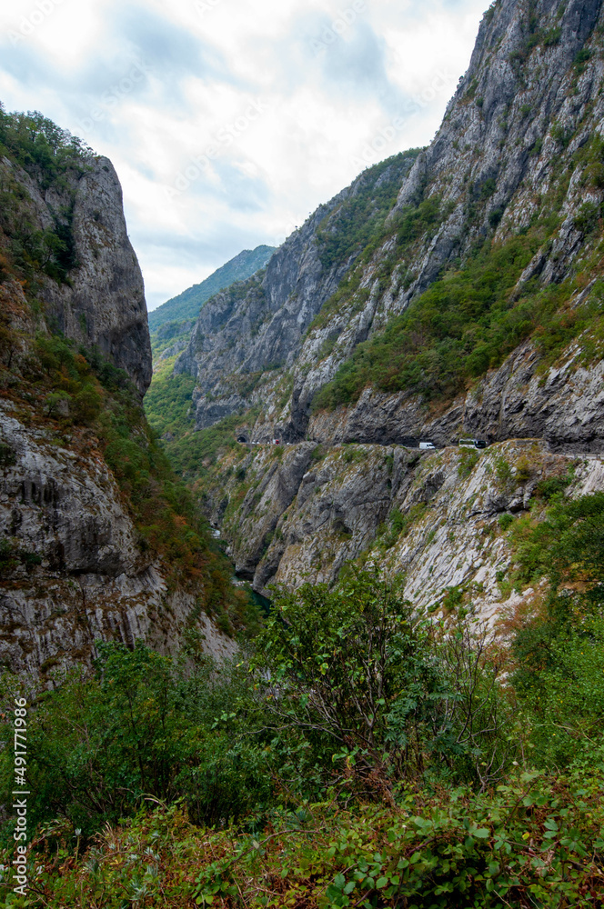 mount landscape with a river on a sunny day with white clouds in the sky, mountain forest landscape