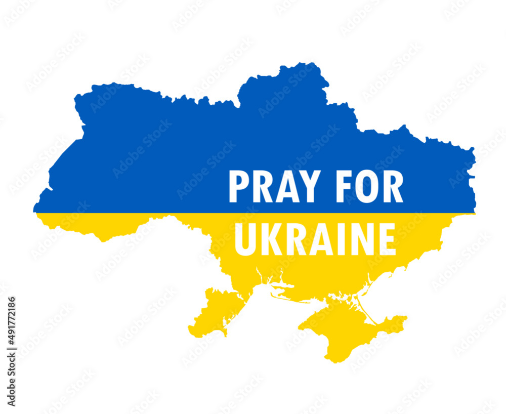 Obraz premium Pray For Ukraine Symbol Emblem With Flag Map Abstract Vector Design White
