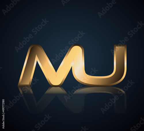 Modern Initial logo 2 letters Gold simple in Dark Background with Shadow Reflection MU