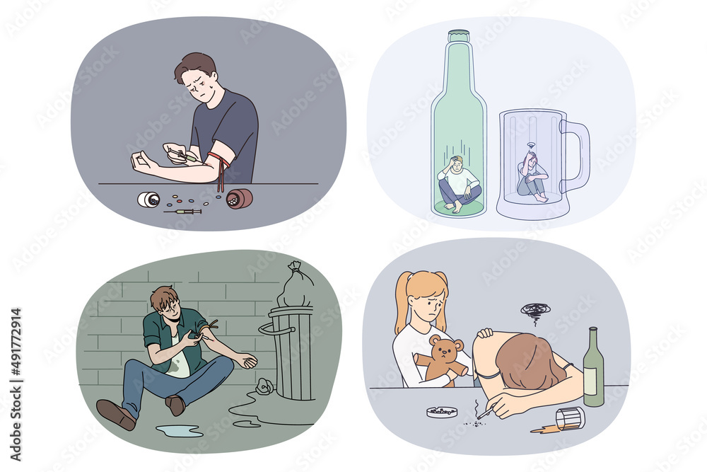 Vetor de Collection of diverse people suffer from alcohol and drug ...