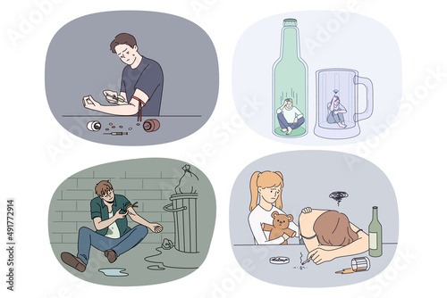 Collection of diverse people suffer from alcohol and drug addictions. Set of men and women suffer with addictive behaviors. Bad habit and healthcare. Flat vector illustration. 