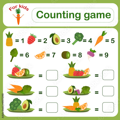 Children's educational mathematical addition game with vegetables and fruits. Vector illustration