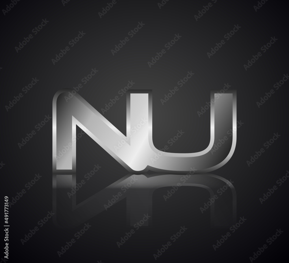 Modern Initial logo 2 letters Silver Metal Chrome simple in Dark Background with Shadow Reflection NU Modern Initial logo 2 letters Silver Metal Chrome simple in Dark Background with Shadow Reflection NU