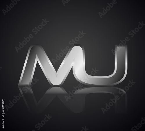 Modern Initial logo 2 letters Silver Metal Chrome simple in Dark Background with Shadow Reflection MU