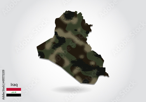 iraq map with camouflage pattern, Forest - green texture in map. Military concept for army, soldier and war. coat of arms, flag.