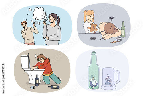 Set of people struggle with addictions. Collection of men and women suffer from drug, alcohol or smoking addictive behavior. Healthcare and bad habit. Flat vector illustration. 