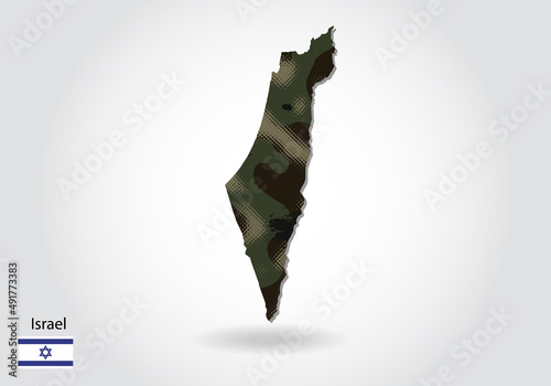 israel map with camouflage pattern, Forest - green texture in map. Military concept for army, soldier and war. coat of arms, flag.