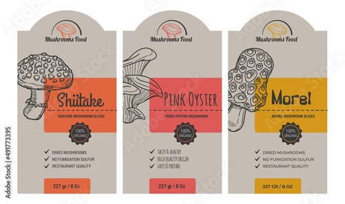 Mushroom labels or stickers, vegetables on sale