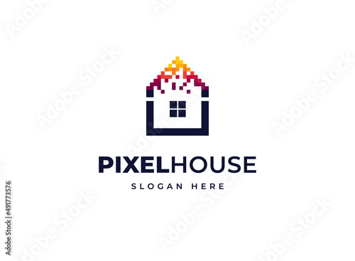 House mosaic pixel technology stack idea vector logo design, Initial letter U home roof modern rainbow logo design