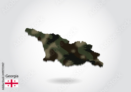 georgia map with camouflage pattern, Forest - green texture in map. Military concept for army, soldier and war. coat of arms, flag.