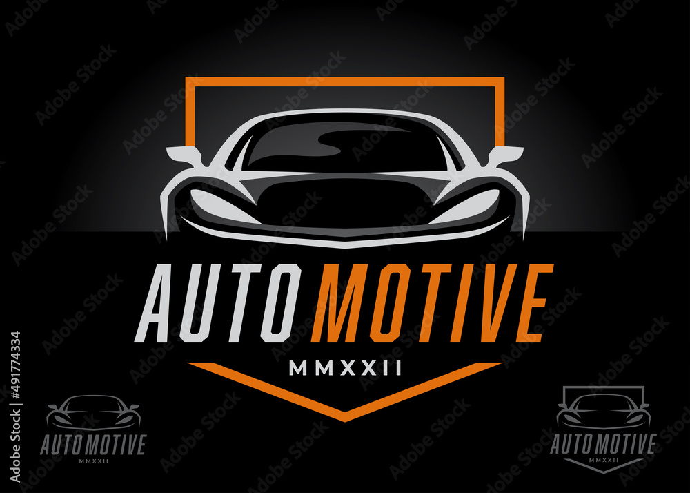 Sports car front logo design. Supercar auto silhouette icon. Motor