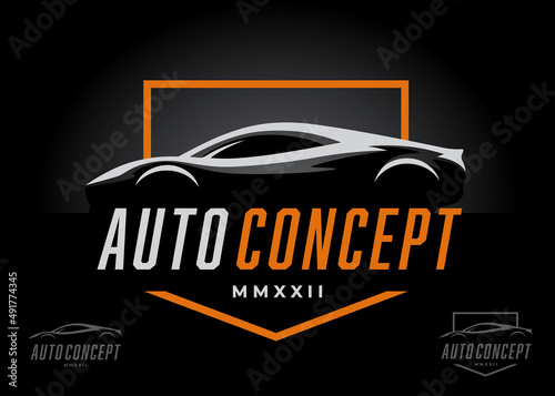 Sports car logo design. Supercar auto silhouette icon. Motor vehicle dealership showroom badge. Automotive performance garage workshop symbol. Vector illustration.
