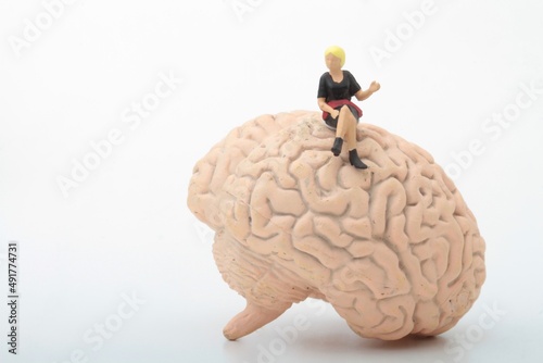 miniature figurine of a woman sitting on a giant brain