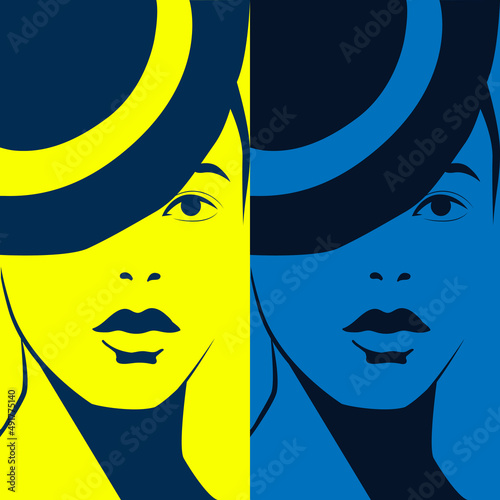 Abstract, linear, modern, minimalist portrait of a girl. Bright pore-art of a woman. Vector illustration.
