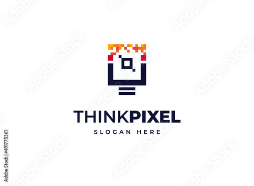 Technology bulb particles pixels logo vector logo design, Creative bright stack block energy icon logo symbol design