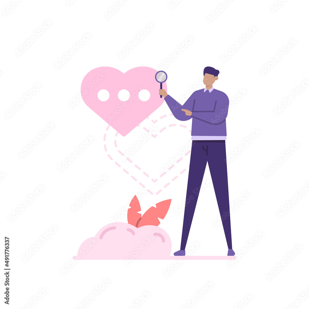 the concept of finding a mate or partner. dating application and random chat online. illustration of a man using a magnifying glass to find a girlfriend. bubble chat hearts, singles, valentine's day the concept of finding a mate or partner. dating application and random chat online. illustration of a man using a magnifying glass to find a girlfriend. bubble chat hearts, singles, valentine's day