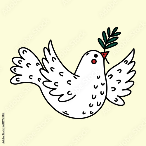 Dove of peace vintage vector icon. Hand drawn retro illustration, 70s style. Cute flying bird holds an olive branch in its beak. Symbol of hope, faith, love. Print for decoration, t-shirt design