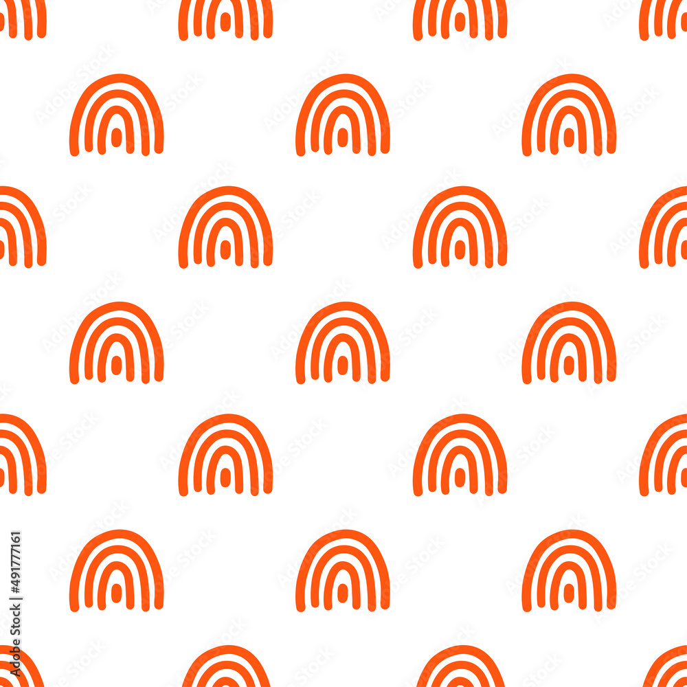 White seamless pattern with orange hand drawn rainbows. White seamless pattern with orange hand drawn rainbows.