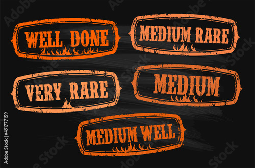 Beef steak doneness rubber stamps vector set on a chalkboard