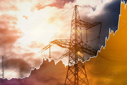 Transmission tower and raising sparkline chart representing electricity prices rise