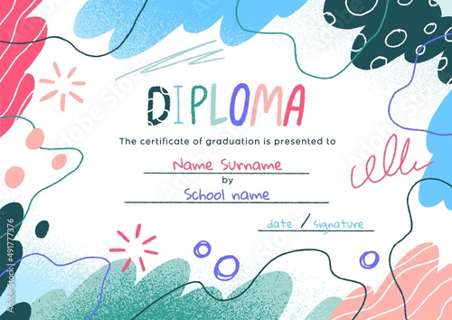 Creative graduation diploma template with abstract elements. Kindergarten and school childrens certificate design with geometric shapes. Graduating document, paper. Colored flat vector illustration