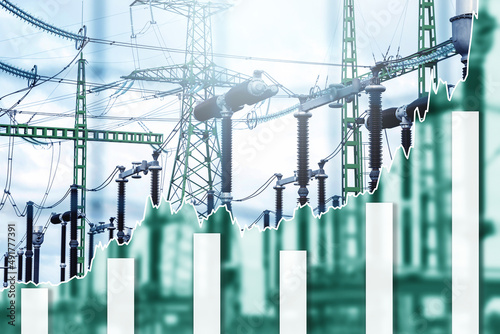 Power plant details and raising histogram chart representing electricity prices rise