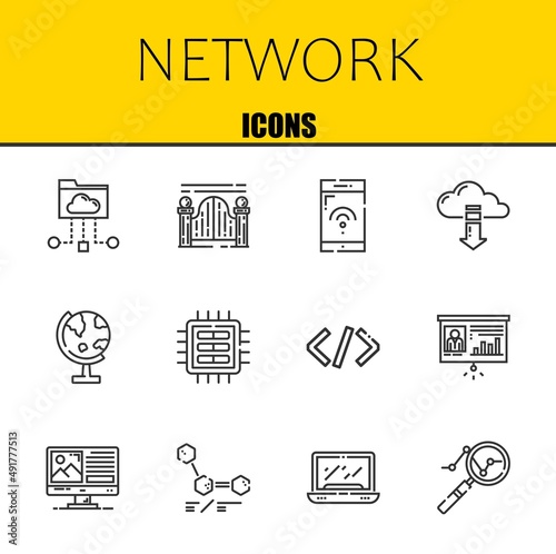 network vector line icons set. cloud folder, gateway and smartphone Icons. Thin line design. Modern outline graphic elements, simple stroke symbols stock illustration