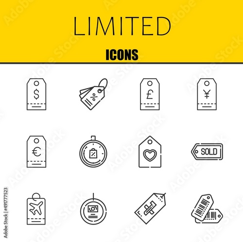limited vector line icons set. tag, tag and tag Icons. Thin line design. Modern outline graphic elements, simple stroke symbols stock illustration
