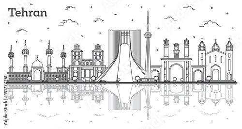 Outline Tehran Iran City Skyline with Historic Buildings and Reflections Isolated on White.