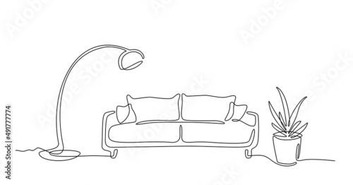 Continuous line interior with sofa, plant and lamp. One line drawing of Living room with modern furniture. Single line furniture. Hand draw contour. Bulb, flower in pot. Editable stroke. Doodle vector