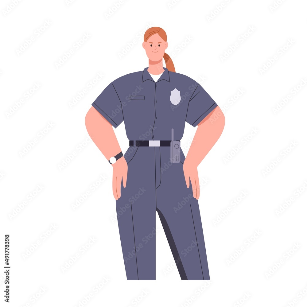 Woman police officer in uniform portrait. Friendly policewoman. Female cop. Legal guard. Happy smiling safeguard worker. Flat vector illustration isolated on white background Woman police officer in uniform portrait. Friendly policewoman. Female cop. Legal guard. Happy smiling safeguard worker. Flat vector illustration isolated on white background