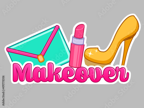 makeover female design.Makeover  Calligraphy White Color Text for games vector.