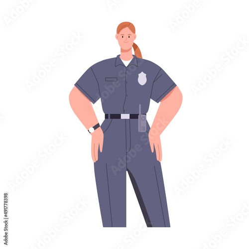 Woman police officer in uniform portrait. Friendly policewoman. Female cop. Legal guard. Happy smiling safeguard worker. Flat vector illustration isolated on white background
