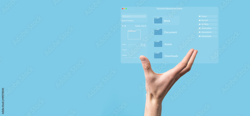 Document management concept. Virtual screen icons Document Management System DMS Online document database, software for efficient archiving, searching and management of company files and data.