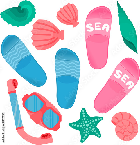 Pair of beach slippers . Beach shoes, snorkeling mask, seashells. A set of marine items. Vector illustration. Vector illustration.
