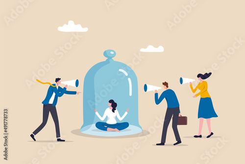 Ignore noise or distraction, keep calm and avoid conflict or problem, challenge to survive in toxic workplace concept, businesswoman meditating and keep calm under covered to ignore people noise.