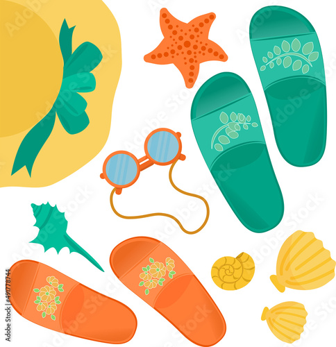 Pair of beach slippers. Beach shoes, hat, sunglasses and seashells. A set of sea items. Vector illustration.