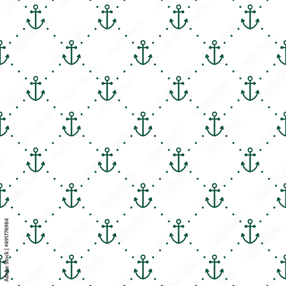 White seamless pattern with green anchors. White seamless pattern with green anchors.