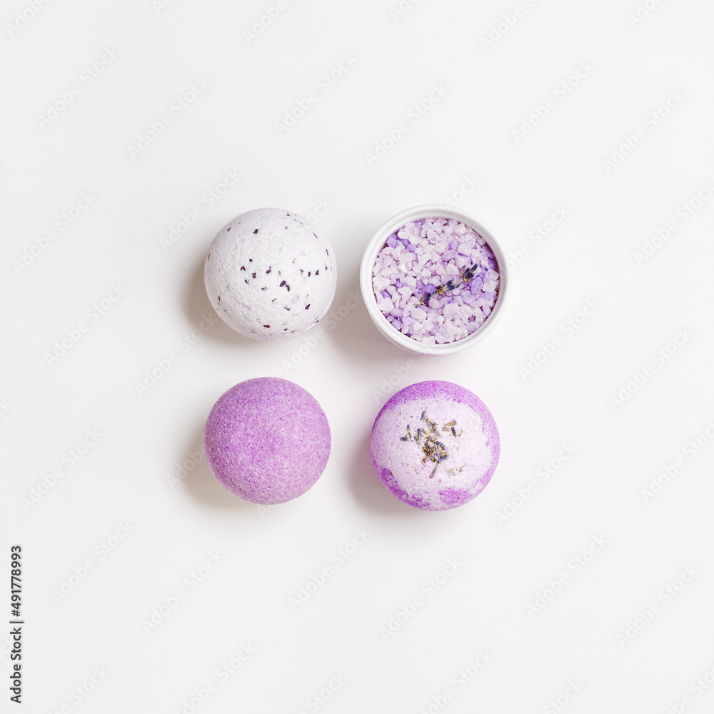 Lavender bath bombs and sea salt with natural healthy ingredients, fragrant spa products with lavender essential oil. Aromatherapy and herbal medicine, cosmetic for body treatment