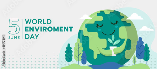 world environment day - Green Happy globle world charecter hold young plant and tree around vector design