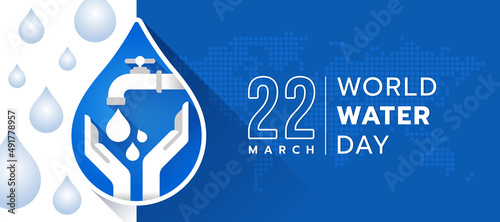 world water day - Hands are supporting the water droplets from the faucet that are in drop shape sign on white blue background with dot map world texture vector design
