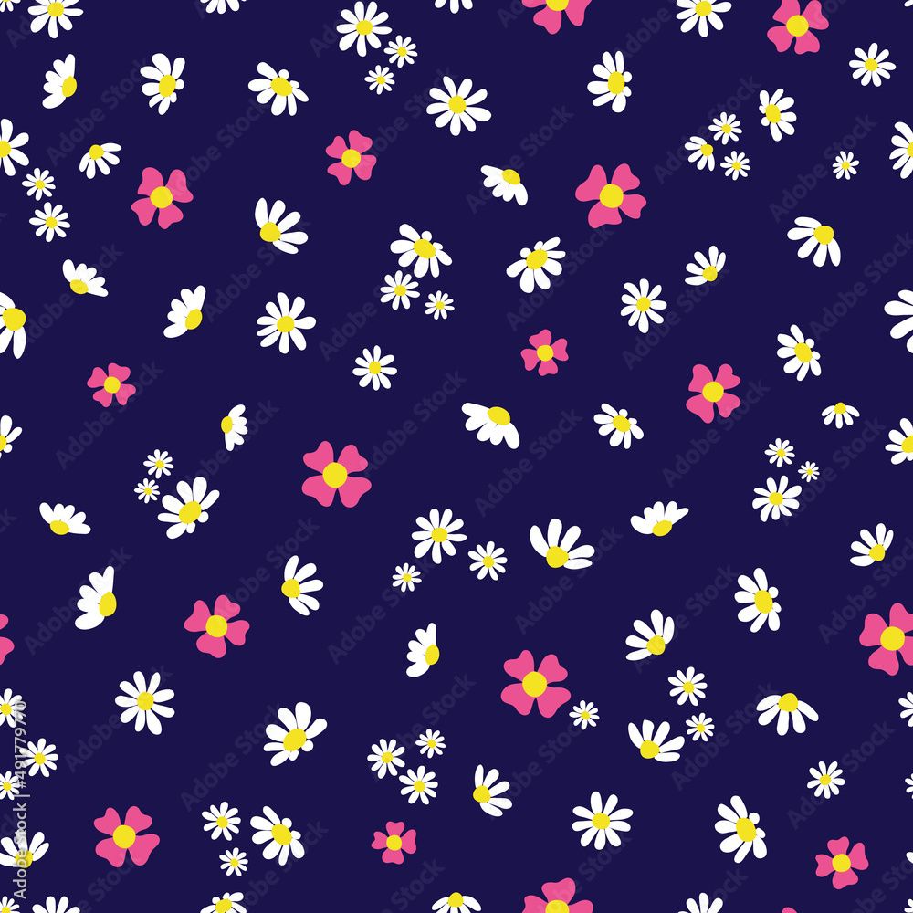 Ditsy floral pattern white pink flowers on dark blue Ditsy floral pattern white pink flowers on dark blue