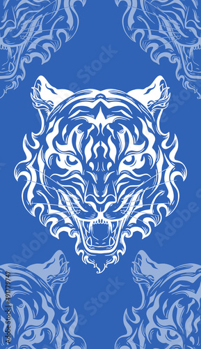 Seamless monochrome pattern with white silhouette of a tiger head on blue background. Vector texture with contour of roar formidable predator. Tracery symbol of the eastern new year.